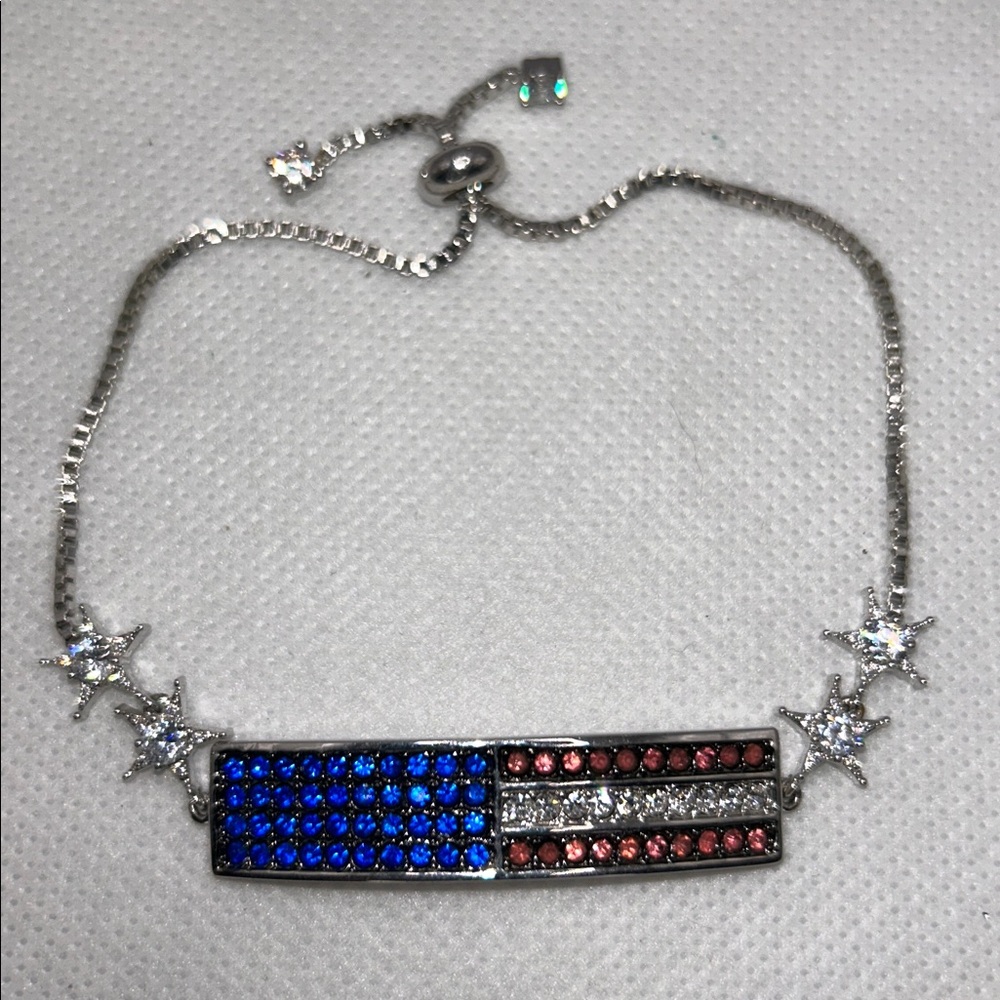NWOT Hypoallergenic Stainless Steel CZ Pave American Flag Adjustable Bracelet